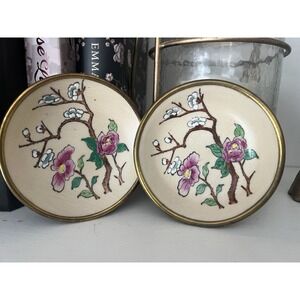 Vtg‎ Japanese Porcelain Ware Bowl Hand Painted Hong Kong Brass Encased Set Of 2